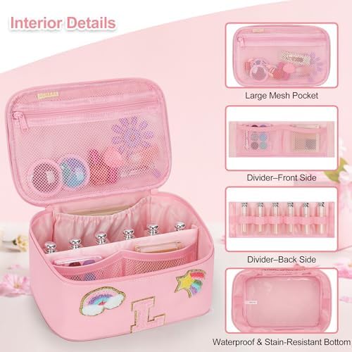 OCHEAL Initial Makeup Bag,Pink Travel Makeup Organizer Case Beauty Toiletry Cosmetic Bag with Rainbow, Trendy Stuff Personalized Gifts for Women and Girls-L - Image 6