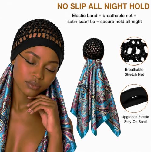 2 in 1 Wrap Cap Hair Net and Scarf for Silk Press, Satin Wrap Cap Bonnet for Women, Adjustable Stay-On Sleep Hair Net Scarf for All Hair Types (Sky blue, One Size) - Image 2