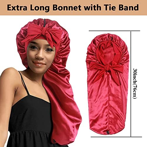 2pcs Long Satin Bonnets with Tie Band, Large Braid Bonnet Silky Hair Cap for Locs Women Sleeping, C - Image 2