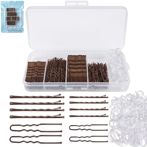 300PCS Hair Pins and Clear Elastic Bands Set, 200PCS Bobby Pins & U Shaped Hair Pins with Organizer Box, 100PCS Rubber Hair Ties for Women Girls, Brown by ToNewBe