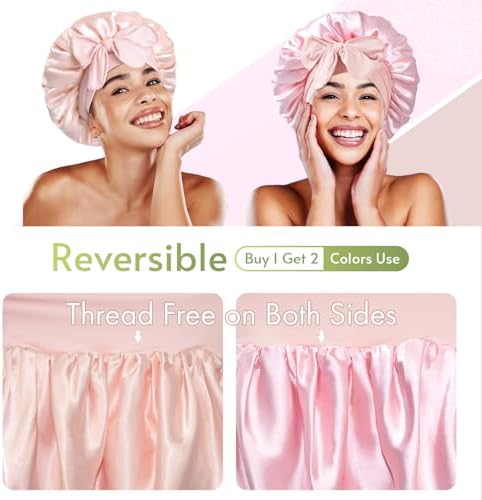 BONNET QUEEN Silk Bonnet for Sleeping Satin Bonnet with Tie Hair Wrap Double Layer Sleep Cap for Women Curly Hair, Jade Pink - Image 2