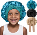 3 Pcs Kids Silk Bonnet for Sleeping - Baby Satin Bonnet for Sleeping,Kids Hair Bonnets for Curly Hair Girls Boys with Wide Elastic Band,Sleep Cap for Teens Toddler Child (Peacock Blue+Black+Beige) by FIRSTPELLA