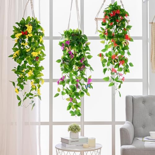BLEUM CADE Artificial Hanging Flowers for Outdoors, 4pcs Fake Hanging Plants Pothos Vines with Yellow Flowers for Wall Home Living Room Indoor Outdoor Decor (No Baskets) - Image 6