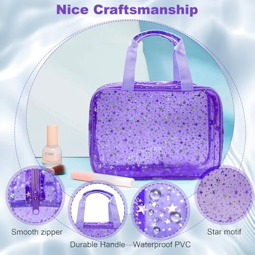 Clear Purple Star Large Makeup Bag with Star Pattern 12x5x8 inch, Travel Cosmetic Bag with Handle, Durable PVC Material Washbag Zipper Opening Design for Makeup Travel Organizer or Gym Use - Image 3