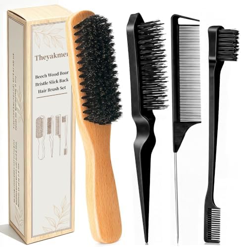 Hair Brush for Fine Thin Hair – Beechwood Boar Bristle Slick Back Brush Set by Unknown