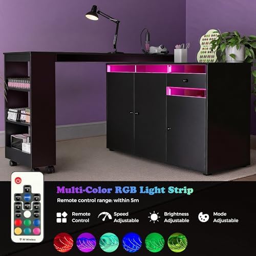 L-Shaped Manicure Table with Large Storage & LED Light (Black) - Image 5