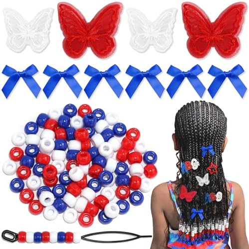 100pcs Hair Beads for Kids Girls Navy Satin Small Hair Bows Acrylic Loc Dreadlock Lace Embroidery Butterfly Hair Clips National Flag Colors Silicone Beads for Braids by Arocooy