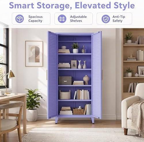 61" Tall Metal Pantry Cabinet with Lock and 3 Adjustable Shelves,Freestanding Heavy Duty steel Storage Locker,Purple Metal Cabinets for Kitchen,Living Room,Laundry,Garage,61" H X 27.6" W X 13.8" D - Image 4