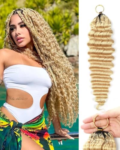 613# Blonde Color 18 Inch Human Crochet Hair for Black Women, Feather Crochet Extensions 55g 40 Strands, Resusable Miracle Look Hair Bundles, Soft Lightweight Small Knots Deep Wave by VDZ100HumanHair