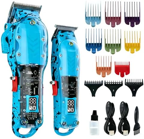 Professional Hair Clippers for Men, Cordless Barber kit for Hair Cutting & Grooming, Hair Clippers and Trimmer Set for Barber Haircut with LED Display, 8 Fade Taper Combs(Blue Set) by Tuanchuanrp