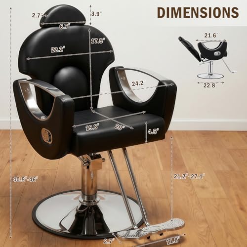 Salon Chair Reclining Barber Styling Chair for Hair Stylist, Black Silver - Image 3