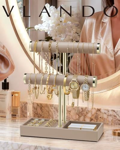 VLANDO Jewelry Organizer, 2 Tier Jewelry Bracelet Necklace Holder with Tray - Image 7