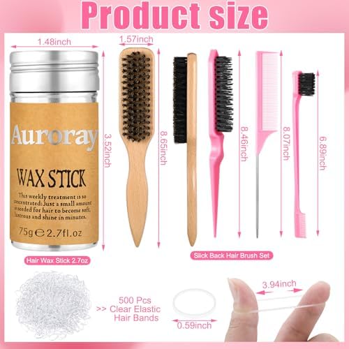 4 Pcs Boar Bristle Slick Back Hair Brush Comb with Hair Wax Stick and 500 Elastic Hairs Bands for Women Men Sectioning, Parting - Image 2