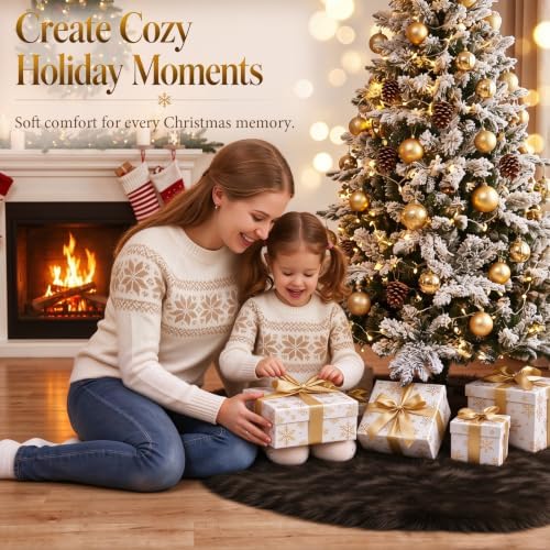59 Inch Coffee Christmas Tree Skirt, Faux Wool Tree Base Cover - Image 4