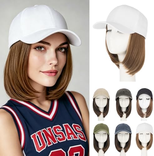 Rich Choices Hat Wigs for Women,White Baseball Cap with Hair Extensions for Women,Short Bob Hairstyle Caps with Straight Synthetic Hair Attached Adjustable Baseball Cap Wig 6 Inch-Light Brown Hair by RichChoices