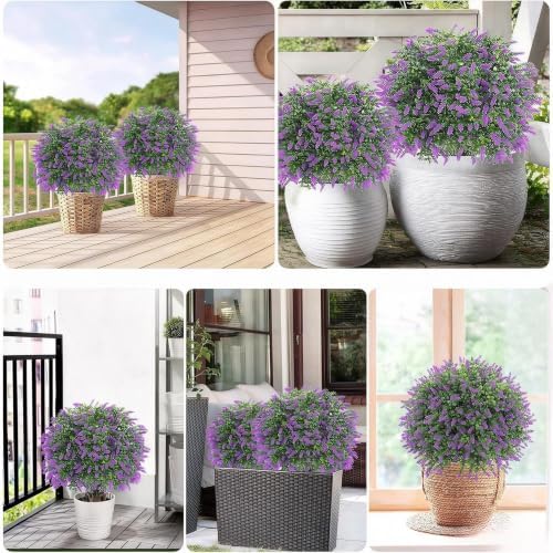 27.5" Artificial Lavender Boxwood Topiary Ball Trees, Set of 2 Fake Shrubs Bushes with Ground Spike, UV Resistant Faux Evergreen Tree for Front Porch Outdoor Garden Decor - Image 5