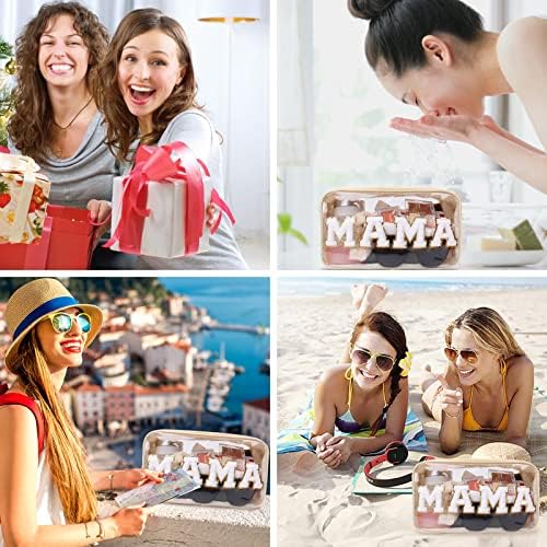 Iqimott Clear Patch Makeup Bag Mama Pouch, Preppy Personalized Chenille Letter Cosmetic Pouch for Travel, Nylon Waterproof Travel Essentials Zipper Toiletry Bags for Women Girls(MAMA, Beige) - Image 6