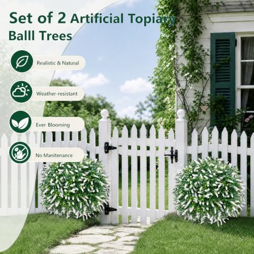 26'' Artificial Topiary Boxwood Ball Trees with White Lavender, Set of 2 Fake Bushes Shrubs for Outdoor with Ground Spike UV Resistant Faux Evergreen Plant Ball for Front Porch Garden Decor - Image 3