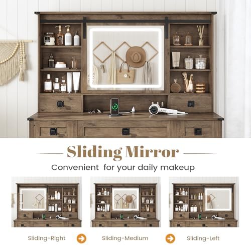 AOGLLATI Farmhouse Makeup Vanity Desk with Lights & Charging Station,Vanity Desk with Mirror and Lights, 47.2” Large Brown Vanity Table with Ample Storage Space and Sliding Mirror (Oak Brown) - Image 3