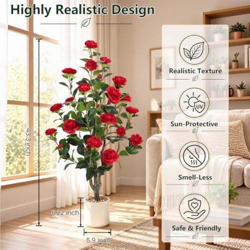 UPBUD Artificial Camellia Tree 2 Pack, 43.3" Tall Fake Camellia Plant - Image 2