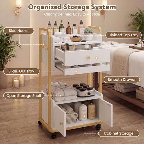 Spa Salon Trolley with Storage Cabinet, Rolling Beauty Cart, White - Image 3