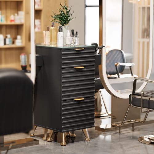 OmySalon Salon Stations for Hair Stylist, Barber Station with Glass Top & Drawers & Hot Tool Holder, Salon Storage Cabinet Hair Organizer Equipment for Beauty Spa, Black - Image 2