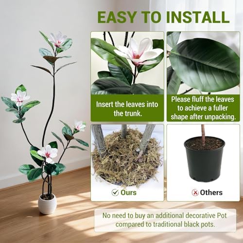 5 FT Artificial Magnolia Tree with Pot, Faux Flower Tree with White Magnolia Blooms and Green Leaves, Potted Artificial Plant for Living Room, Bedroom, Office, Entryway, Store, Home Dector - Image 3