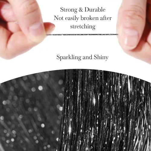 Hair Tinsel 8 Packs 1600 Strands 50 Inch Tinsel Hair Extensions Black Heat Resistant Glitter Sparkling Shinny Fairy Hair Accessories for Women(Black, 50Inch) - Image 3