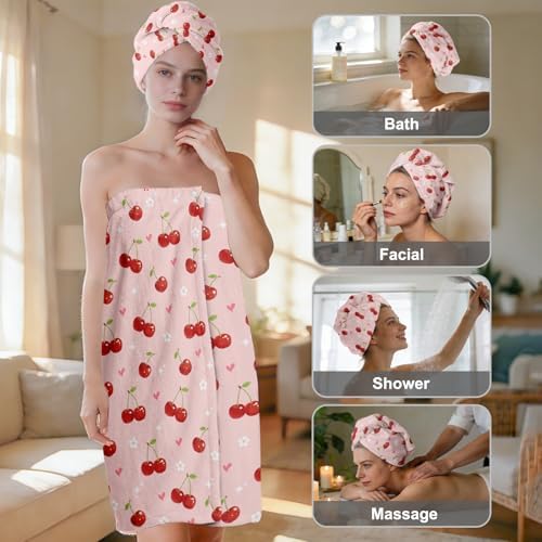 Absorbent Bath Towel Wrap Set (32 X 60 in), Pink Cherry Towel Wrap - Image 2