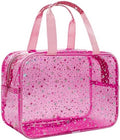 Clear Red Star Large Makeup Bag with Star Pattern 12x5x8 inch, Travel Cosmetic Bag with Handle, Durable PVC Material Washbag Zipper Opening Design for Makeup Travel Organizer or Gym Use by junesters