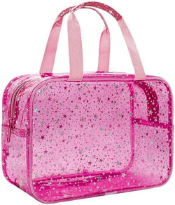 Clear Red Star Large Makeup Bag with Star Pattern 12x5x8 inch, Travel Cosmetic Bag with Handle, Durable PVC Material Washbag Zipper Opening Design for Makeup Travel Organizer or Gym Use by junesters
