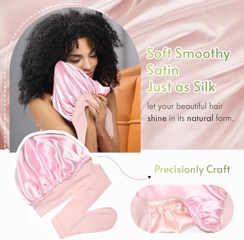 BONNET QUEEN Silk Bonnet for Sleeping Satin Bonnet with Tie Hair Wrap Double Layer Sleep Cap for Women Curly Hair, Jade Pink - Image 5