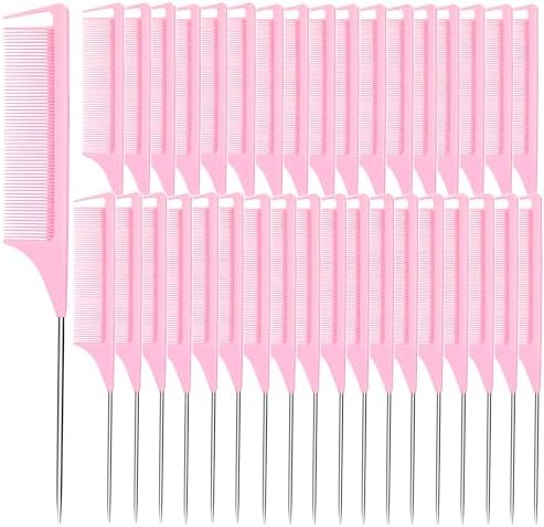 Rat Tail Combs 40 PCS, Hair Parting Comb for Braiding Hair Carbon fiber heat-resistant anti-static, for Styling Pink by Rabetly