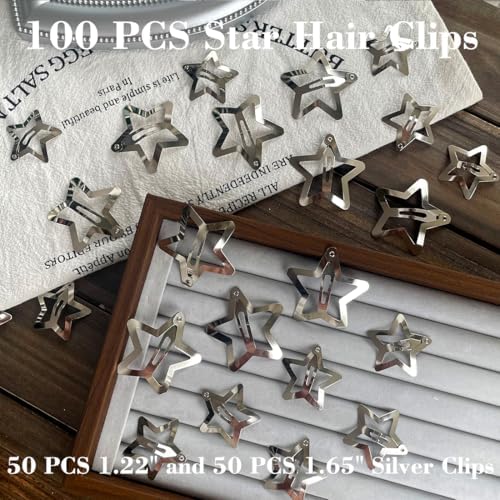 100 PCS Stars Hair Clips,50PCS 1.22"Clip and 50 PCS 1.65"Clips Snap Star Hair Accessories Non Slip Star Clips for Girls Women Y2K Accessories Silver Metal Hair Clips - Image 4
