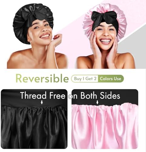 BONNET QUEEN Silk Bonnet for Sleeping Satin Bonnet with Tie Hair Wrap Double Layer Sleep Cap for Women Curly Hair, Black Pink - Image 2