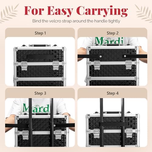 mefeir 4-in-1 Rolling Makeup Train Case Lift Handle,4 Removable Wheels Lockable Keys,Aluminum Cosmetic Trolley Beauty Stylist Artist Organizer Box,Ideal Xmas New Year Gift (Diamond Black) - Image 7