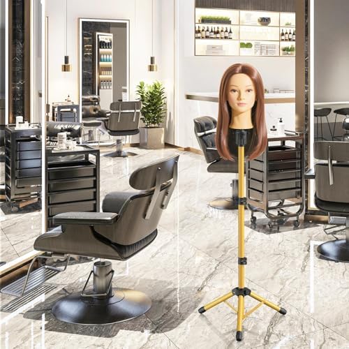 Wig Head Stand 50 Inches, Height Adjustable Tripod Wig Stand, Salon Mannequin Head Stand with Anti-Slip Base for Styling, Wig Display Barber Training, Beauty School​ (Gold) - Image 7