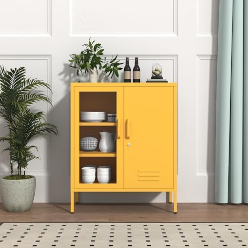 Yellow Food Storage Cabinet with Lock, 2-Door Steel Cabinet, 2 Adjustable Shelves, Metal Pantry Locker Freestanding Kitchen Storage Locker for Dining Room Living Room Size:33" H X 29.5" W X 13.8" D - Image 2