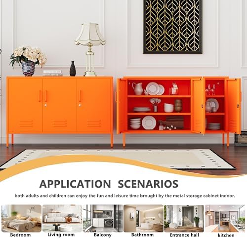 32" Orange 3 Door Lockable Metal Cabinet, Freestanding Multipurpose Heavy Duty Storage Locker with Adjustable Shelves for Home Office Kitchen Living Room Bedroom - Image 5