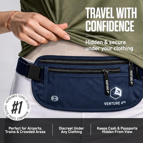 VENTURE 4TH Travel Money Belt, RFID Blocking Passport Holder - Navy Blue - Image 4