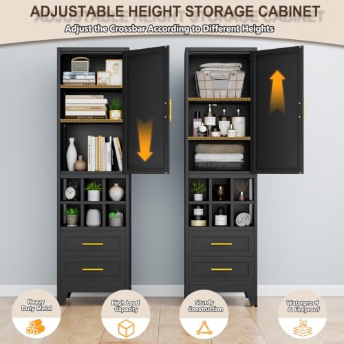 67" Tall Metal Pantry Cabinet, Narrow Freestanding Storage Cabinet, Black - Image 4