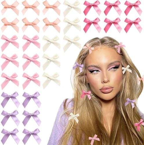 30PCS Mini Bow Hair Clips 5 Colors Cute Hair Bows Clip Kawaii Hair Ribbon Clips Satin Beige Purple Pink Bow Hair Accessories for Girls Women by YAEISM