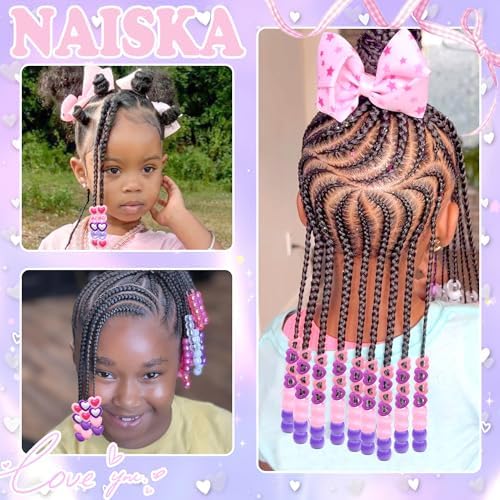 NAISKA 112PCS Pink Purple Hair Beads 12 Styles Box Beads for Hair Cute Pony Bead Heart Braids Jewelry Multi-Styles Hair Accessories for Kids Girls - Image 7