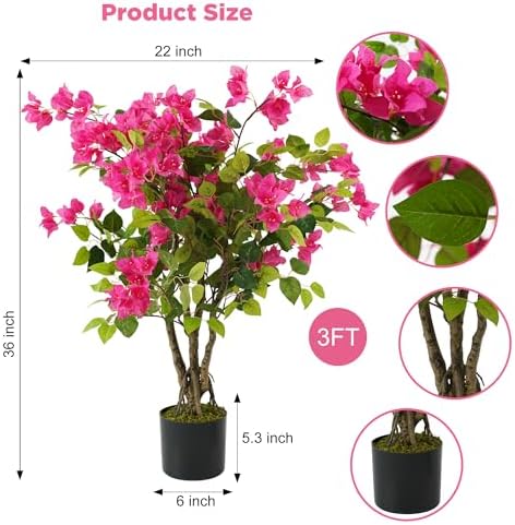 2 Pack Artificial Bougainvillea Tree, 3FT Small Fake Flowering Plant with Pink Bougainvillea Flowers, Potted Faux Tree for Indoor Outdoor Home, Balcony, Porch, Office, and Garden Decoration - Image 3