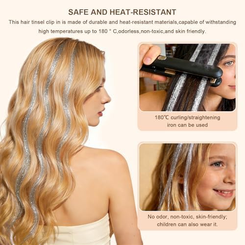 Leuceiy Hair Tinsel Clip in,Hair Accessories Tinsel Hair Extensions for Girls Pack of 6 Pcs 20 Inch,Fairy Hair Tinsel Kit,Heat Resistant New Years Festival Party - Image 5
