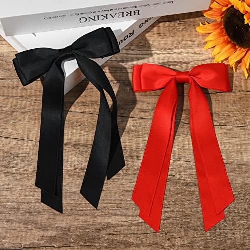 2PCS Silky Satin Hair Bows Hair Clip Black Red Hair Ribbon Ponytail Holder Accessories Slides Metal Clips Hair Bow for Women Girls Toddlers Teens Kids - Image 2