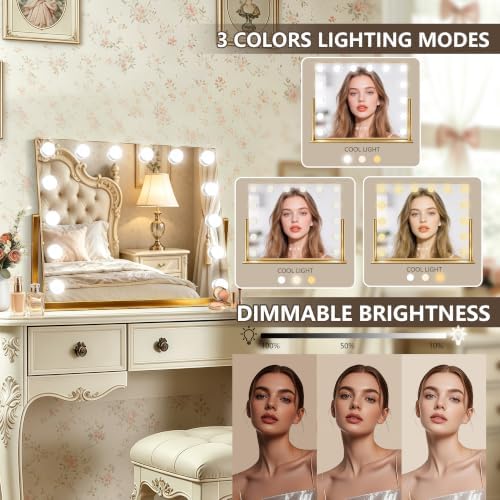 Ratsamee Gold Hollywood Vanity Mirror with Lights, 9 Dimmable Bulbs, 3 Color Lights,Make Up Lighted Mirror, 10x Magnification 360°Rotation(22" x 17") - Image 3