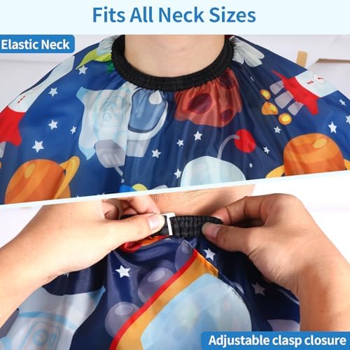 Kids Barber Cape with Neck Duster Brush, Professional Salon Hair Cutting Cape with Adjustable Snap Closure(Cartoon Space) - Image 3