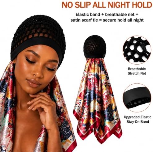 2 in 1 Wrap Cap Hair Net and Scarf for Silk Press, Satin Wrap Cap Bonnet for Women, Adjustable Stay-On Sleep Hair Net Scarf for All Hair Types (Red, One Size) - Image 2