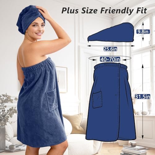 Women's Adjustable Microfiber Bath Towel Wrap with Hair Towel - Blue - Image 4